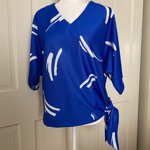 Vintage 80s Blue/White Pullover Knit V Neck Top w Sash Tie SZ14/16